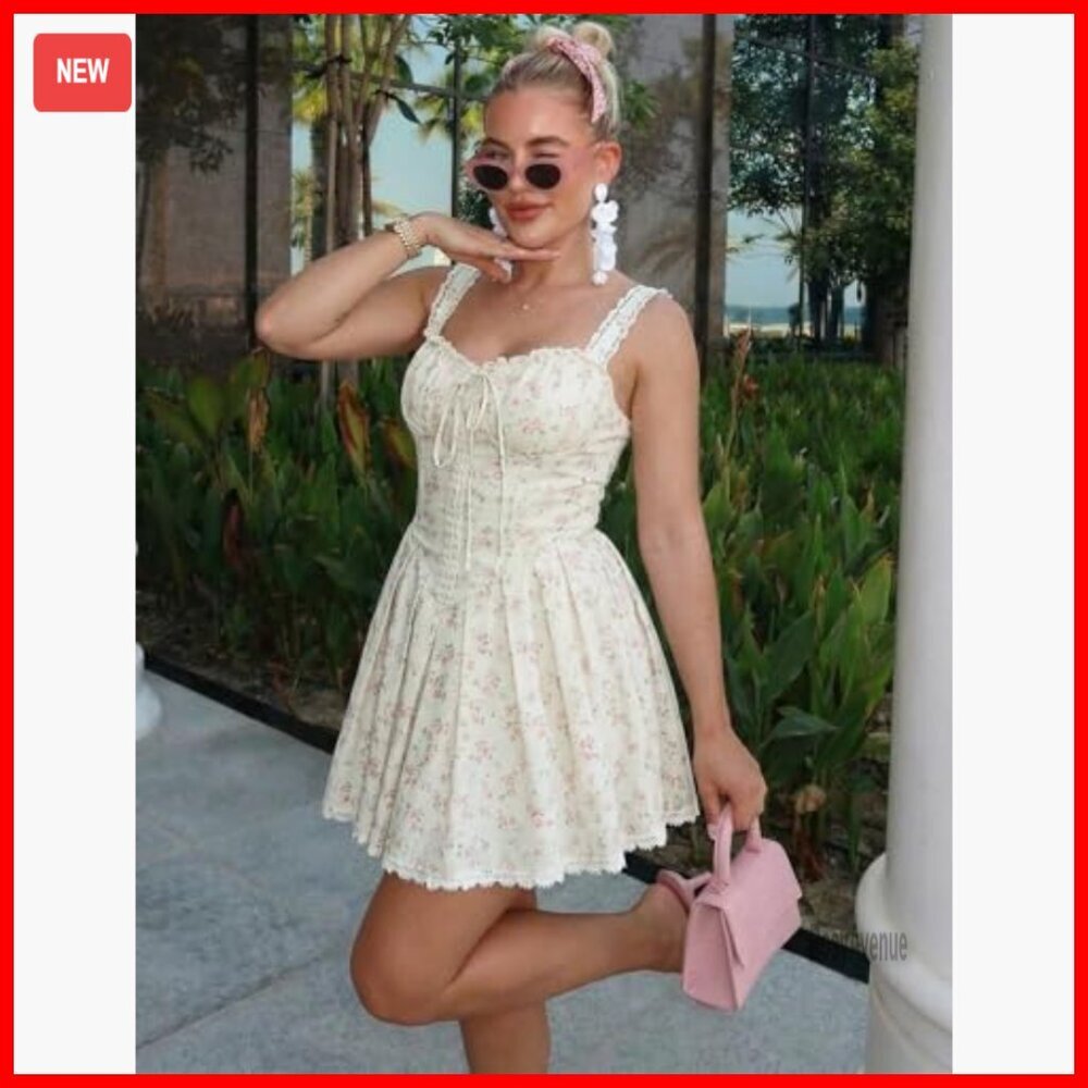 Floral Corset Mini Dress Lace Trim A-Line Summer Casual Party Wedding - Picture 5 of 7